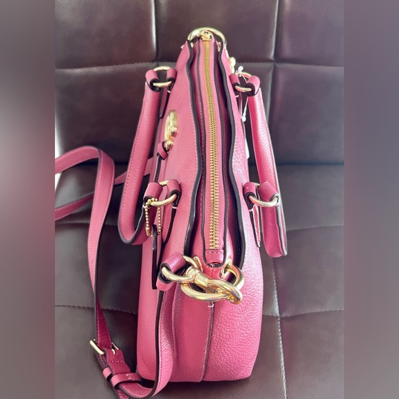 COACH REMI PINK RED PEBBLED LEATHER GOLD C TOP ZIP CROSSBODY SATCHEL BAG - Picture 4 of 12